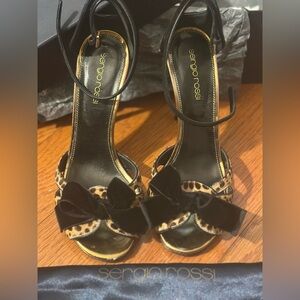 Sergio Rossi Leopard Print Bow Sandals Black Velvet Designer Heels 6.5